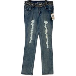 INC International Concepts Jeans 2 Indigo Blue Distressed Bling Waistband Skinny